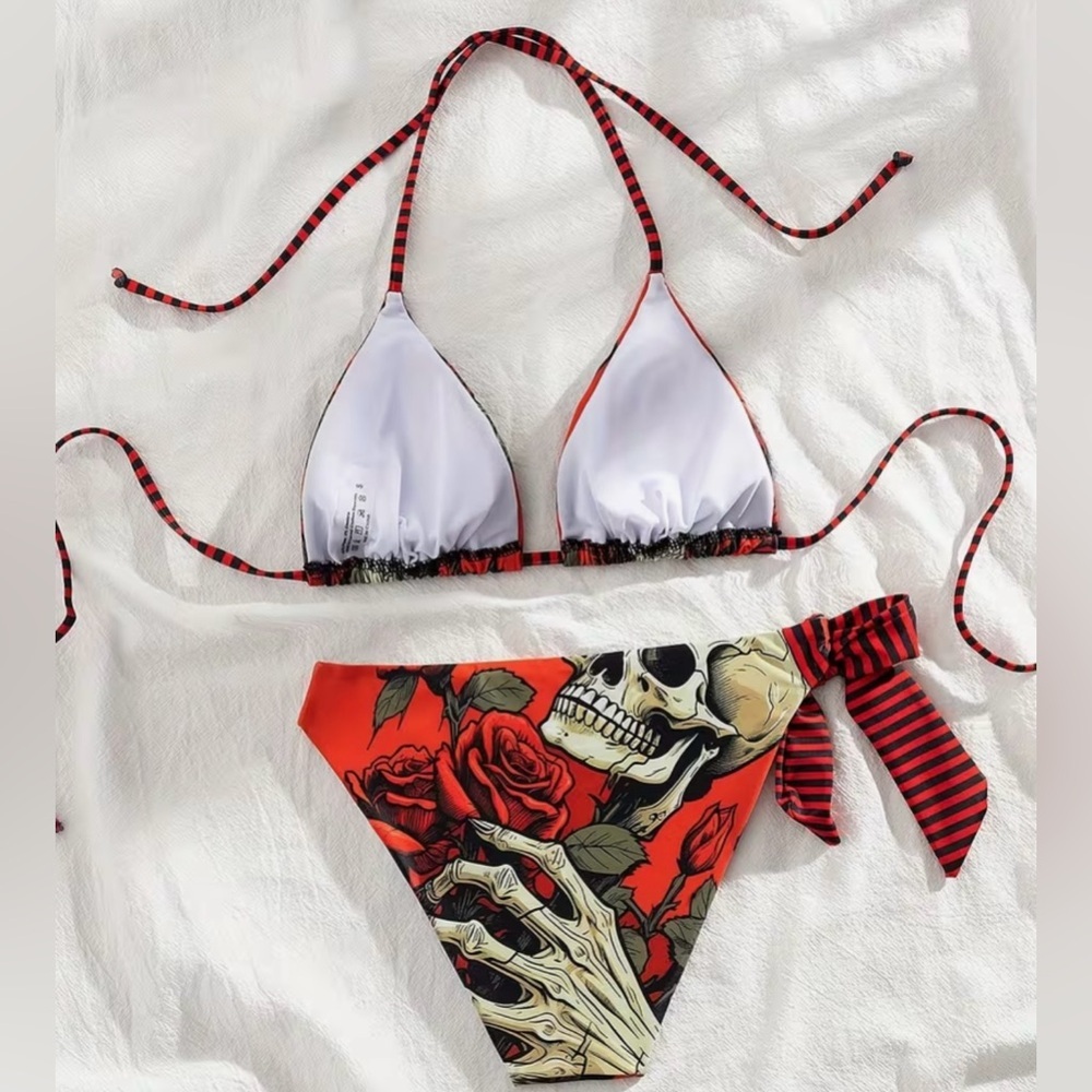 Red Skull Rose Halter Bikini Set - Picture 5 of 9